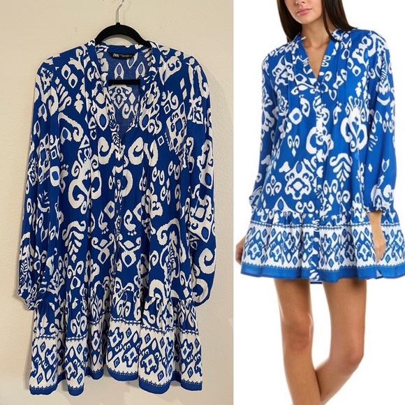 Zara Dresses & Skirts - Zara Blue Floral Paisley Oversized Flowy Button Front Swing Mini Dress